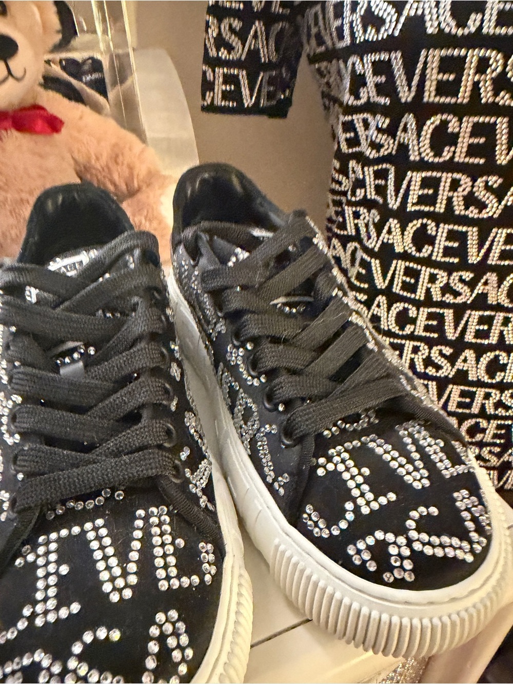 Versace Black Crystal-Embellished Logo Sneakers